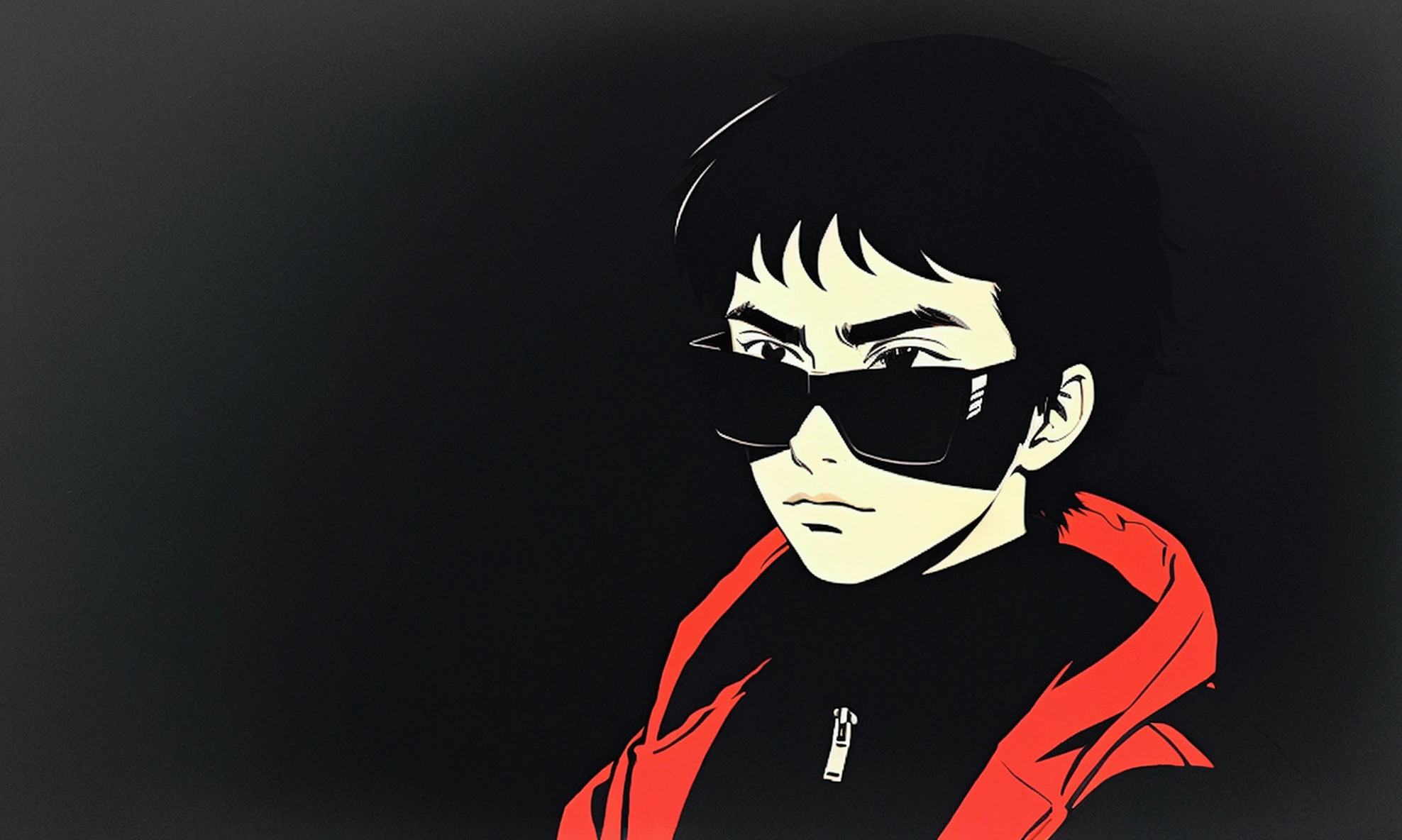 (boy wearing a sunglasses on a black color background), akira, anime, anime akira, retro anime, 80s anime, 90s anime, lofi, lo-fi