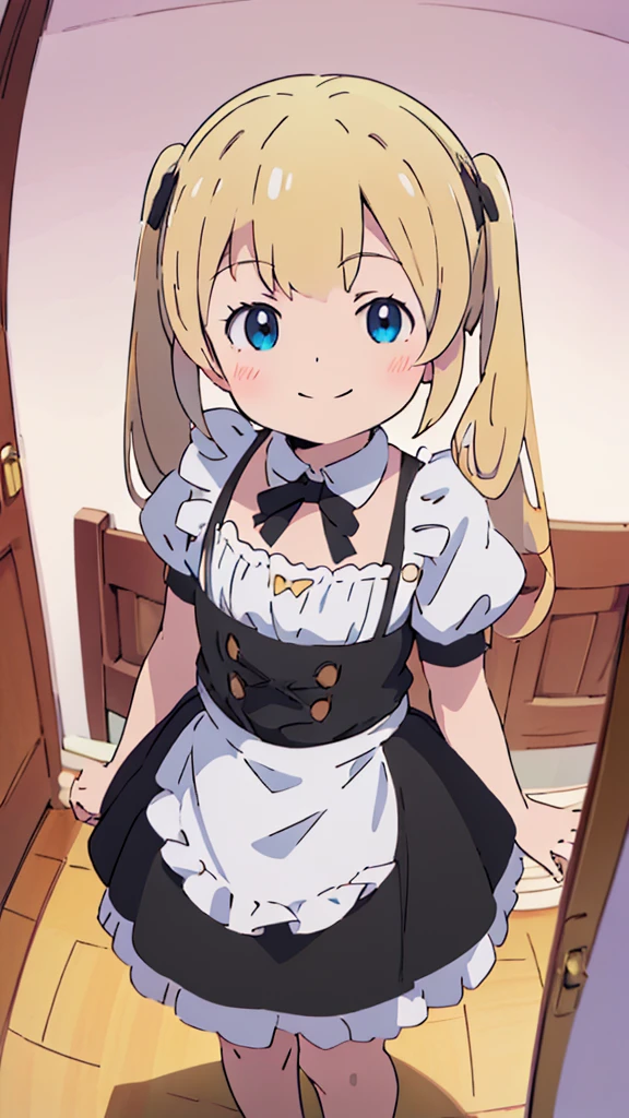 ((masterpiece))((Highest quality))girl、smile、blush、Flat Chest、Are thin、Blonde Hair、Are standing、Low - Angle、front、No background、真frontのアングル、A black maid outfit full of frills、Twin tails、Angle where you can see inside the skirt、Fisheye Lens