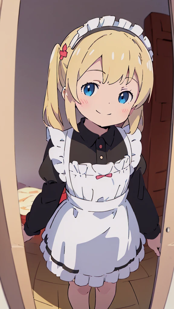 ((masterpiece))((Highest quality))girl、smile、blush、Flat Chest、Are thin、Blonde Hair、Are standing、Low - Angle、front、No background、真frontのアングル、A black maid outfit full of frills、Twin tails、Angle where you can see inside the skirt、Fisheye Lens
