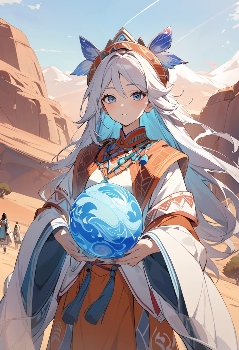 Alafi woman in traditional costume holding a small drum in the desert, a young woman in shamanic costume, a girl holding a sphere, the scenery of the film Silk Road, beautiful youth, portrait shot, ancient princess Lieb, the vanishing line of the desert is below the woman's waist, the sky is clear and transparent.