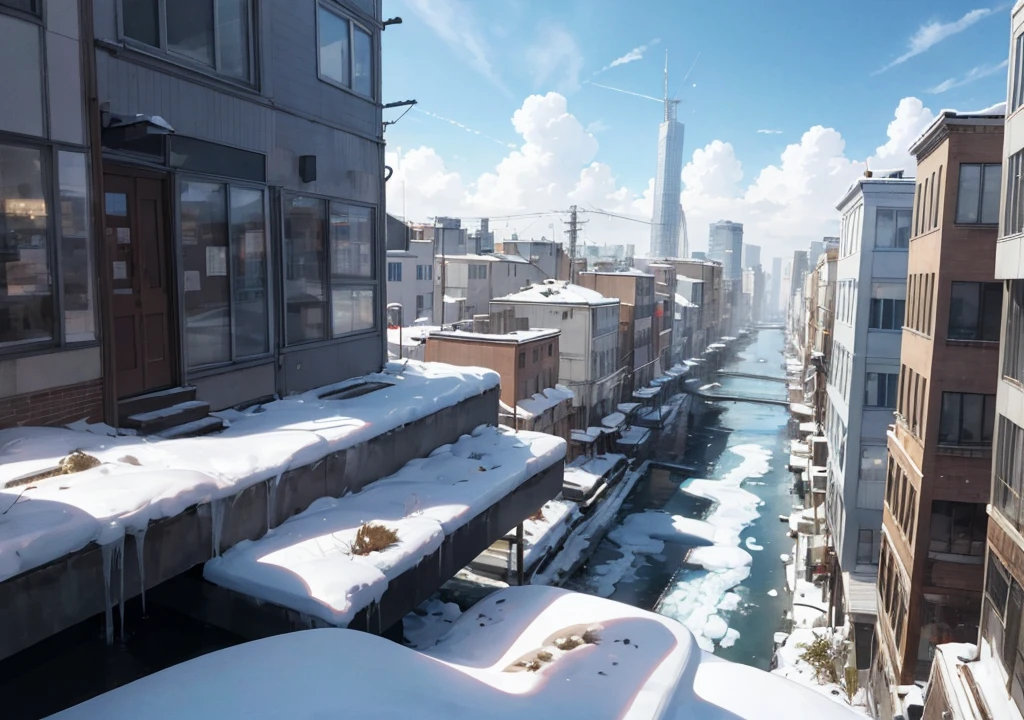 Create the view of a modern city covered in ice