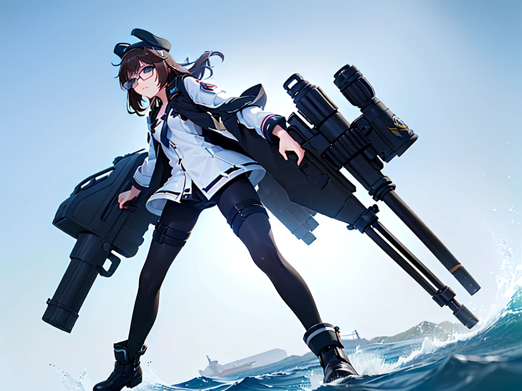 (((masterpiece, Vision))), ((((Full body of a woman with perfect flat chest、1 Female、solo、Short unkempt black hair、Tie your messy hair at the nape of your neck、white military jacket、Miko costume、black tights、Black glasses are black、White military cap、Cloudy black eyes、Confused eyes、Junyo-inspired emblem、Ship-style boots)))), (((Shipgirl))), ((Floating on the morning sea with both feet)), (Standing with your legs apart)), Aim, (Hold the shotgun turret grip with your right hand), (Four mechanical tentacles covered in white armor extend from its back.), (Holding a shotgun with metal tentacles), (Equipped with a bridge on the back), (His left arm holds the grip of a triple-barreled shotgun),