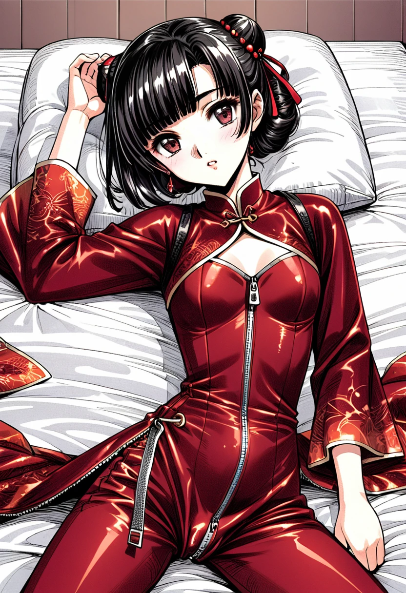 Period drama manga style A 15-year-old super beautiful Chinese young lady with black hair in a bun cut wearing a super shiny red long-sleeved Chinese dress She is lying on a futon and wearing red long-sleeved pants with a zipper at the crotch. She has her panties unzipped and a tube inserted into her pussy