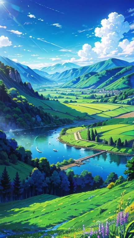 bright blue sky, countryside in the valley