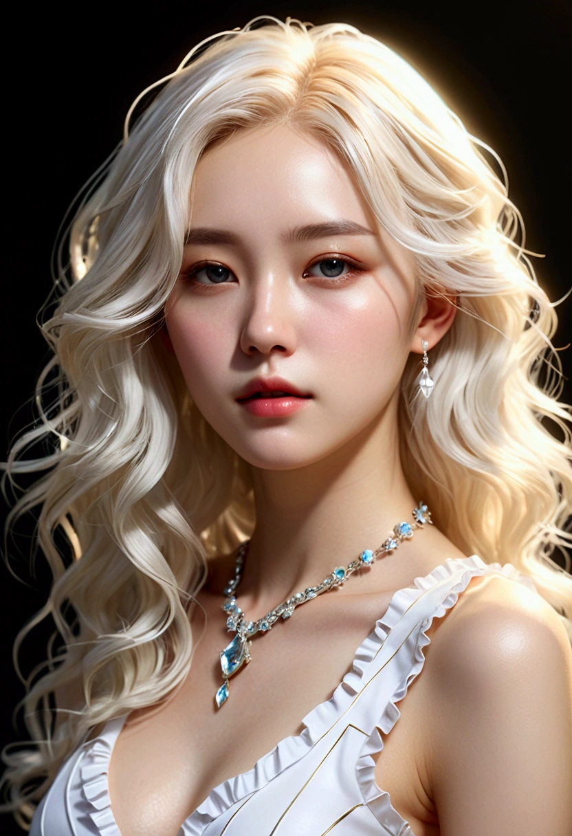 (The upper body of a woman wearing a white frilly sleeveless shirt), surrealism, A digital way to face reality, (beautiful face_delicate features, clear and pale skin), long white hair, spaced objects, (light의 소녀_ Body line made of transparent luminous body ), (jewel_particle, outline: 1.2), light_line, light, light particle, (girl made of lines of light: 1.3, wearing lines of light), density of lines, (Blazing white blonde hair_messy thick wavy hair, lines of light), (best quality, 4K, 8K, high resolution, masterpiece: 1.2), very detailed, (realistic, realistic, realistic: 1.37), HDR, uhd, studio lighting, sharp focus, Physically based rendering, very detailed 설명, professional, vivid colors,