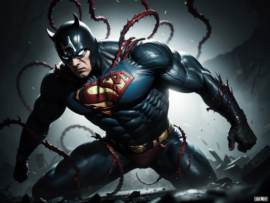a monstrous carnage symbiote, twisted tendrils coiling around superman's body, epic battle, superhuman strength, intense action, dark and gritty, chiaroscuro lighting, cinematic composition, marvel comics style, dynamic poses, photorealistic, ultra detailed, 8k, dramatic shadows, vibrant colors, muscular male anatomy, strained expressions