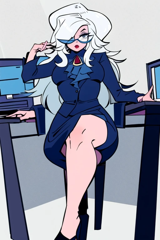 masterpiece, best quality, big_mama_rtmt, 1girl, hair over one eye, white hair, colored skin, long hair, dress, glasses, skirt, looking at viewer, black eyes, makeup, sitting, crossed legs, office lady, blue dress, jewelry, small breasts,