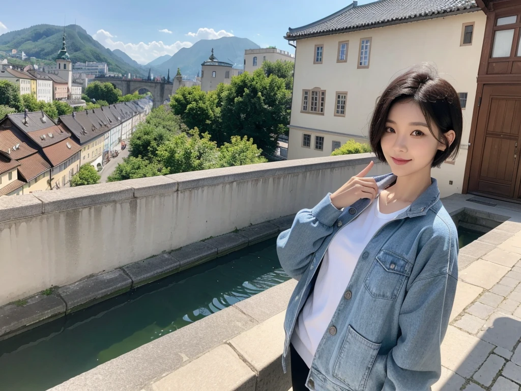 high quality, 1 woman, ((36-year-old healthy Korean woman)), ((36 years old)), 1 woman, ((slim)), ((short medium hair)), Smile. pose: standing, Myungpum brand sweater and windbreaker jacket, background:Your residence is a baroque townhouse with a plaster façade and wrought iron railings.., Overlooking the Salzach River and Hohensalzburg Fortress, 1 woman