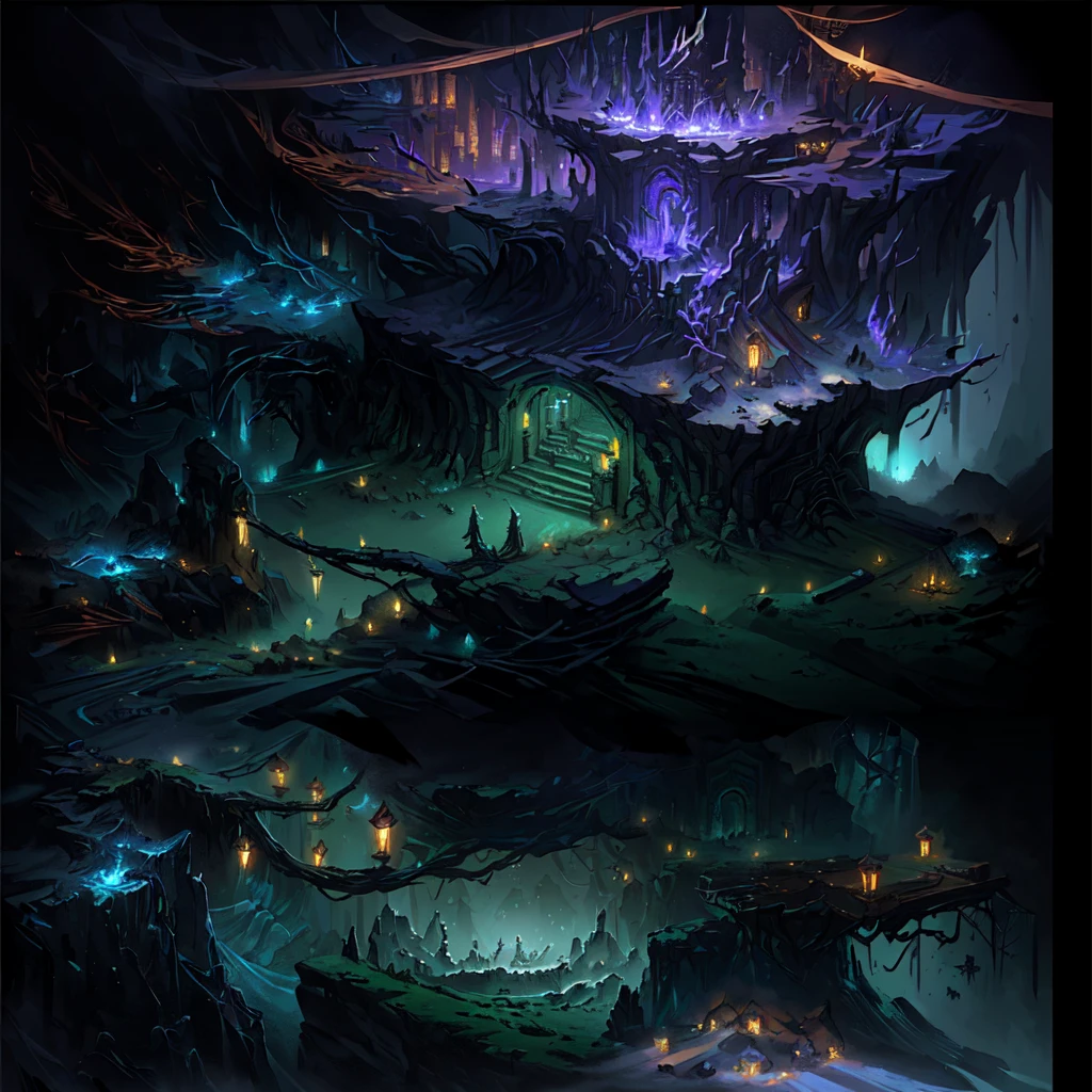 (masterpiece, Top quality, best quality, Official Art, beautiful and aesthetic:1.2), A dark and mysterious underground cave,Full of relics、Stone Altar、Torch lighting and vine-covered stonework and walls,The top floor has a stone coffin, magical fantasy 2 d Concept Art, Detailed digital 2D fantasy art, luminescent Concept Art, intricate and epic Concept Art, painted as a game Concept Art, dark Concept Art, Isometric Game Art, Detailed game art, ultra Detailed game art, Concept Art, Concept Art