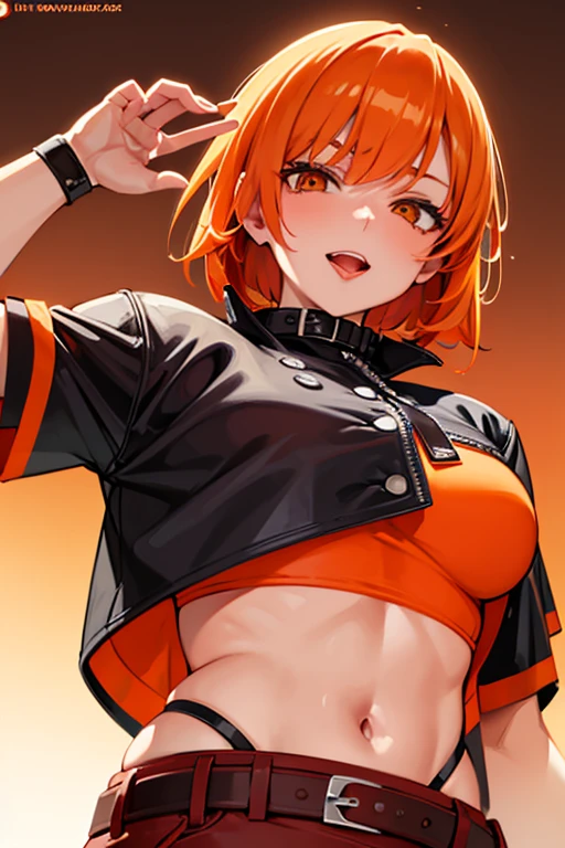 Open your mouth wide,Sticking out tongue,Orange Hair Woman,Short Bob,cool,Provocative,Wink,Provocative look,Looking down on,Orange leather underwear,Orange belt collar,Highest quality,Anime Style,sadistic