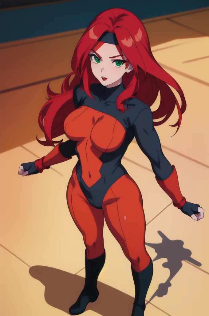 ((Full body photo, standing, on the floor)) straight-on,upper body,looking at viewer,BREAK, 
CARTOON_jeangrey_costume_ownwaifu,www.ownwaifu.com,
long hair,makeup,lipstick,red hair,lips,green eyes,breasts,red lips,medium breasts, nose, 
headband,bodysuit,jewelry,bracelet,green bodysuit,turtleneck,black headband,fingerless gloves,skin tight,long sleeves,superhero,multicolored bodysuit,
BREAK, 1girl, solo, looking at viewer, upper body, official art, highres, scenery, (masterpiece:1.1), (best quality,:1.1), (high quality:1.1), (anime screencap:1.2),