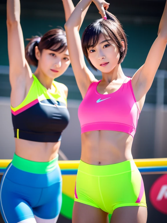 Best quality 8k resolution Ultra detailed Bright neon colored competition sportswear Serious facial expression Two cute women Abs Arms up Very short hair High waisted tights Flat chest Japanese Sharp focus Track and field club Very short hair 17 years old Sweating