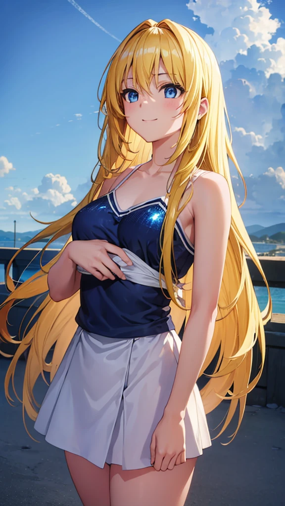 (masterpiece:1.3), (best quality:1.1), (8k, ultra detailed, ultra high res:1.2), ((anime style)), perfect 5 fingers, perfect anatomy,
1girl,
BREAK long hair, wavy hair,
(blonde hair),
(blue eyes),
medium breasts, camisole, (Sequins:1.2), white camisole,
BREAK smile,
(gazing skyward:1.4), sky, standing, shoot from above,
cowboy shot,
outdoor, sky,