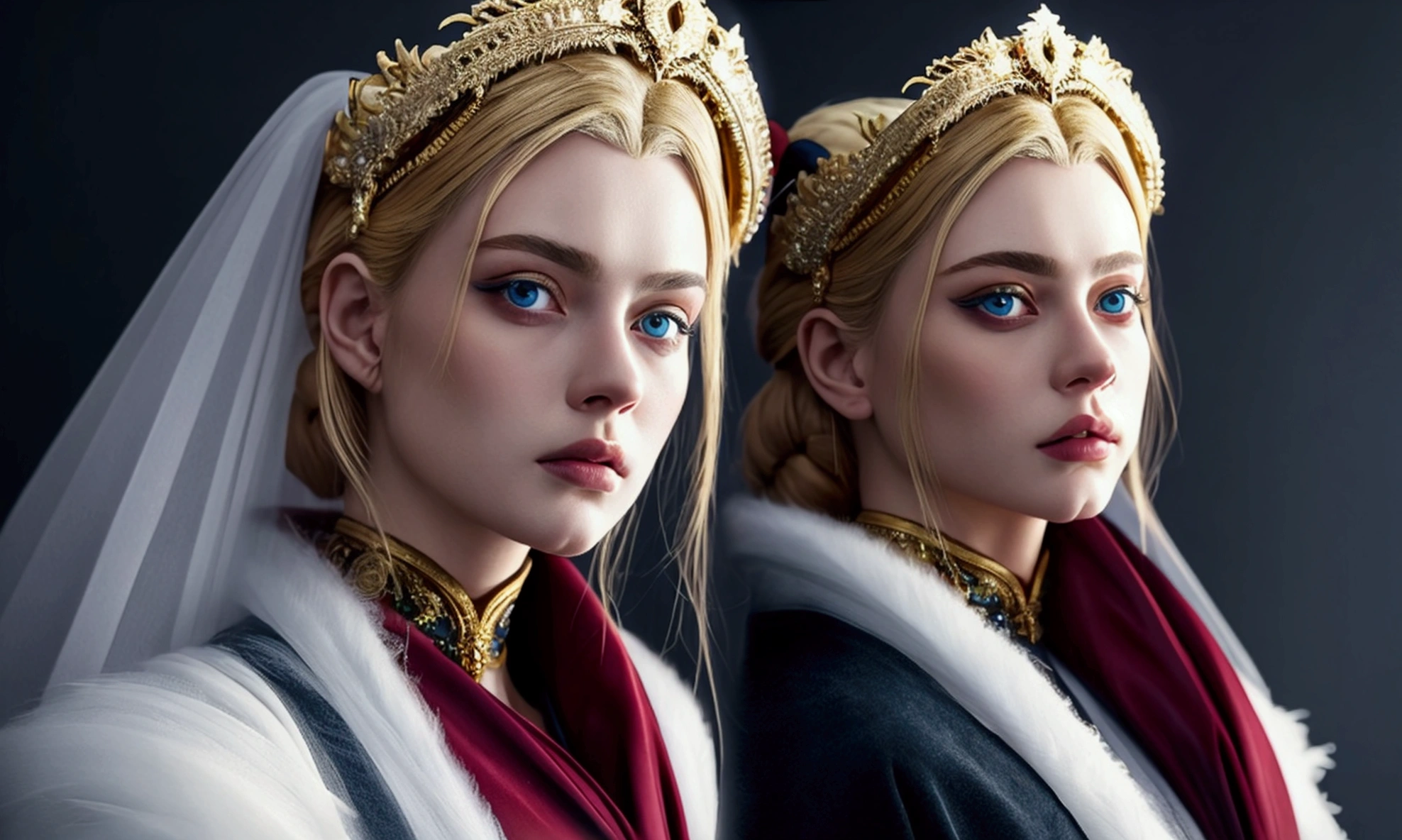 a beautiful empress portrait, blonde hair, perfect blue eyes, with a brilliant, impossible striking big Christmas headpiece, clothes Santa robes, everything Christmas, snow, symmetrical, dramatic studio lighting, rococo, baroque, greens, asian, hyperrealism, closeup, D&D, fantasy, intricate, elegant, highly detailed, digital painting, artstation, octane render, 8k, concept art, matte, sharp focus