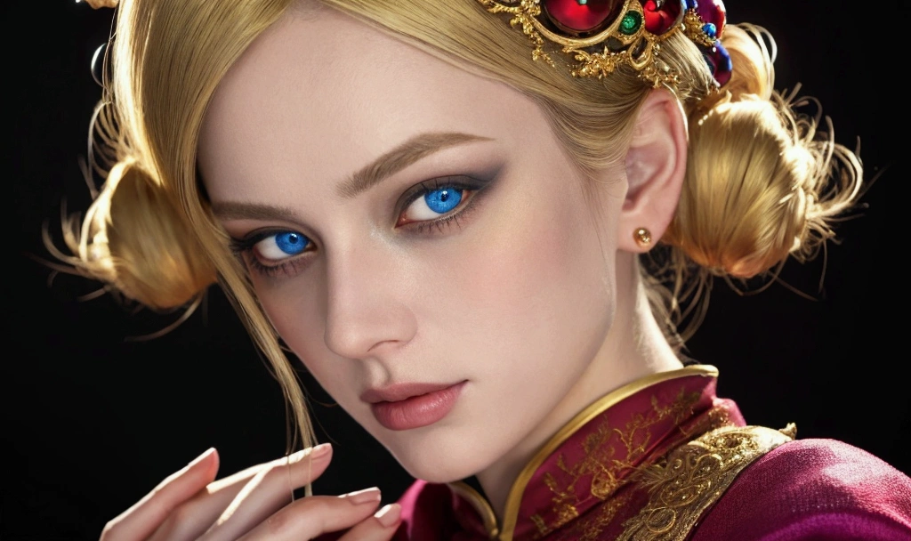 a beautiful empress portrait, blonde hair, perfect blue eyes, with a brilliant, impossible striking big Christmas headpiece, clothes Santa robes, everything Christmas, snow, symmetrical, dramatic studio lighting, rococo, baroque, greens, asian, hyperrealism, closeup, D&D, fantasy, intricate, elegant, highly detailed, digital painting, artstation, octane render, 8k, concept art, matte, sharp focus