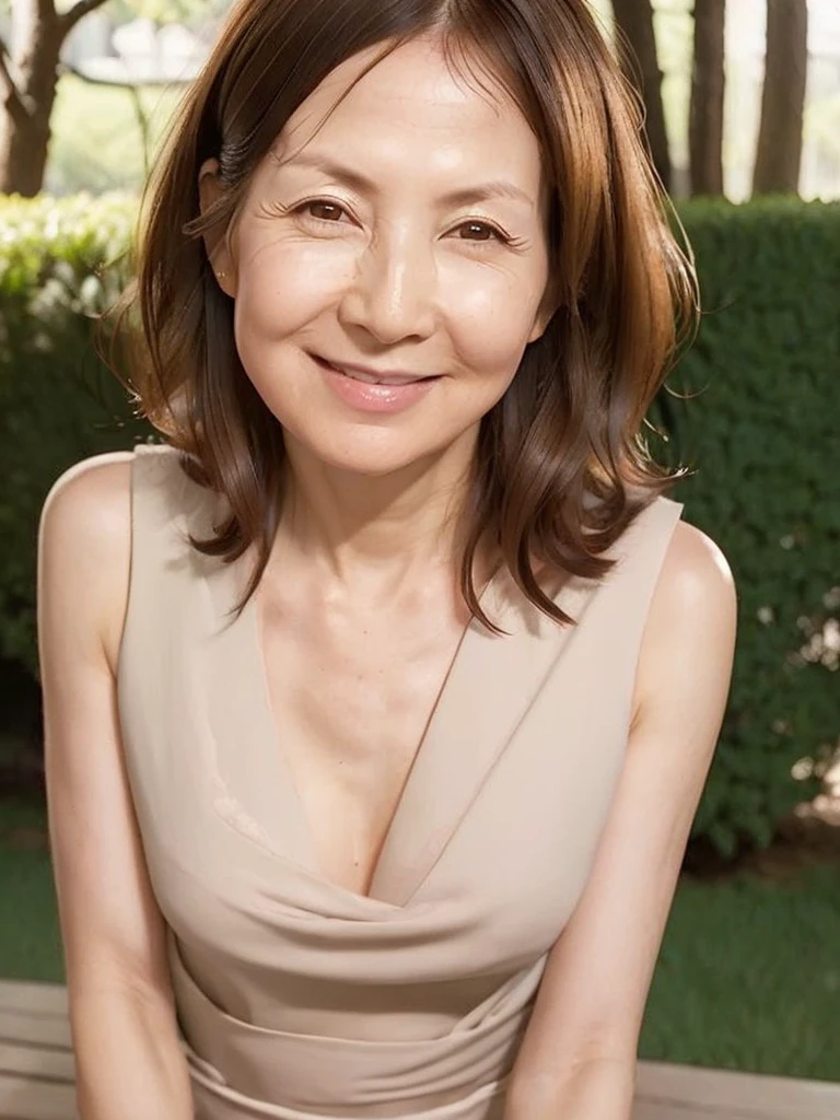 ((Highest quality, 8K, Ultra-high resolution)), ((masterpiece: 1.3)), (Perfect appearance), (Photorealism: 1.6), (JMA), (KE), 60 years old,(Mature Woman:1.2), Captivating Gaze, Brown eyes, (She has many wrinkles on her face:1.4), ((Realistic skin texture)), (Fine wrinkles appear all over the skin, Dullness, Unmoisturized skin, Wrinkles around the eyes, double eyelid, Lower eyelid tear sulcus, Dimples), Slightly parted lips, Smiling Kindly, (Medium Wave Hairstyle), (Small A cup breasts:1.1),日本人Mature Woman), Eyes visible through hair, Grey hair and bob hair, Proper eye position, Cinematic Light, Soft Light, Waist, at night, detailed color graded background, Complex, Very detailed, 8K, Overall silhouette, Posing gracefully in a gorgeous park, wood々Rays of light shining into, bench, (Transparent sundress: 1.1) (Great Wes Anderson shot: 1.3), Look straight into the camera