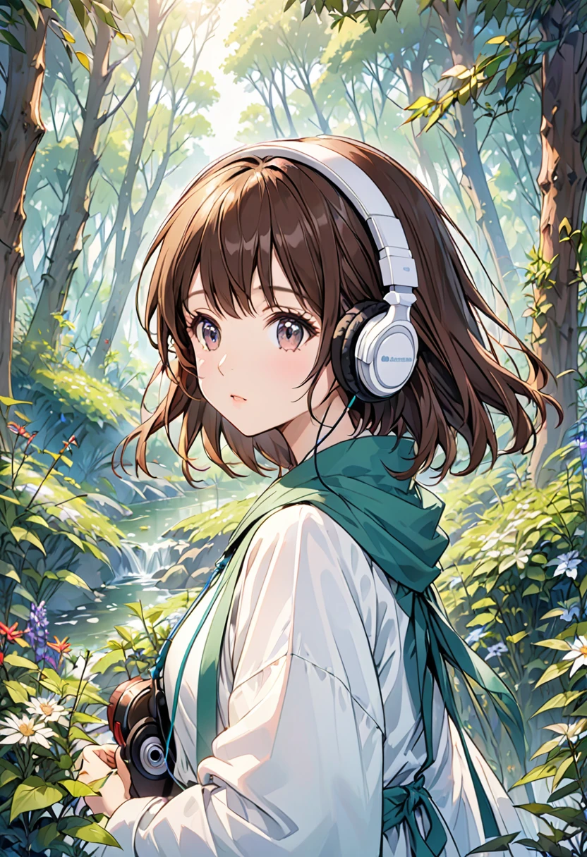 Girl wearing headphones,Brown Hair,1 person,Detailed Background,「Whispers in the forest」,Medicinal herb gathering