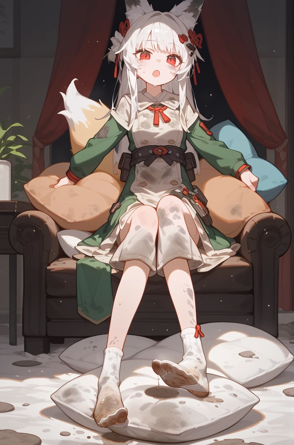 1 girl,dirty,foot,foot底,Red Eyes,breast,solitary,Long hair,White hair,,foot趾,foot部焦点,Looking at the audience,sit,Sweat,open mouth,dirty foot,Keep,indoor,Pillow,Bangs,White knee socks,Fox ears,There'foot的泥土,White clothes,kimono,Japanese style,dirtyPillow,dirty床,女孩周围堆满Pillow,女孩踩踏2着Pillow,大量Pillow,Pillow上肮脏,,(Deluxe Rococo Canopy King Bed),On a big and spacious bed,(),,,,Luxurious curtains with ornate ruffles and ribbons surround the bed,((((There are many pillows piled on the bed)))),Detail of Quilt,Detailed bed sheets,女孩踩在Pillow上