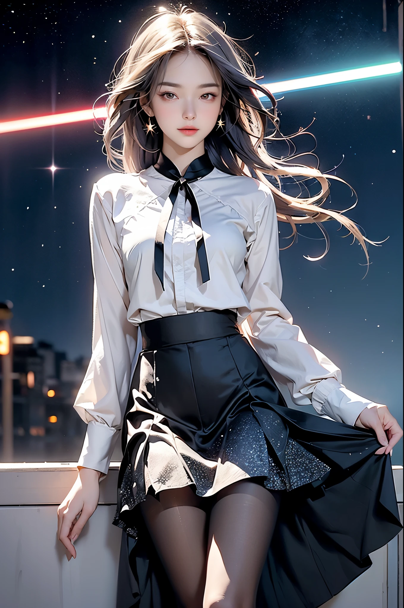 Adult Girls。cute、City of night、Looking up at the stars in the sky、Serious face、Composition from below、Tons of stars、Grab the skirt