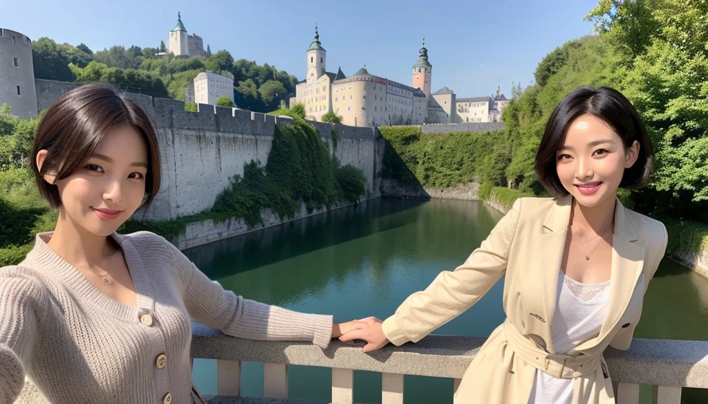 high quality, 1 woman, ((36-year-old healthy Korean woman)), ((36 years old)), 1 woman, Smile. ((slim)), ((short medium hair)), pose: standing, Myeongpum brand sweater, light trench coat, casual pants, background:Your residence is a baroque townhouse with a plaster façade and wrought iron railings.., Overlooking the Salzach River and Hohensalzburg Fortress, 1 woman