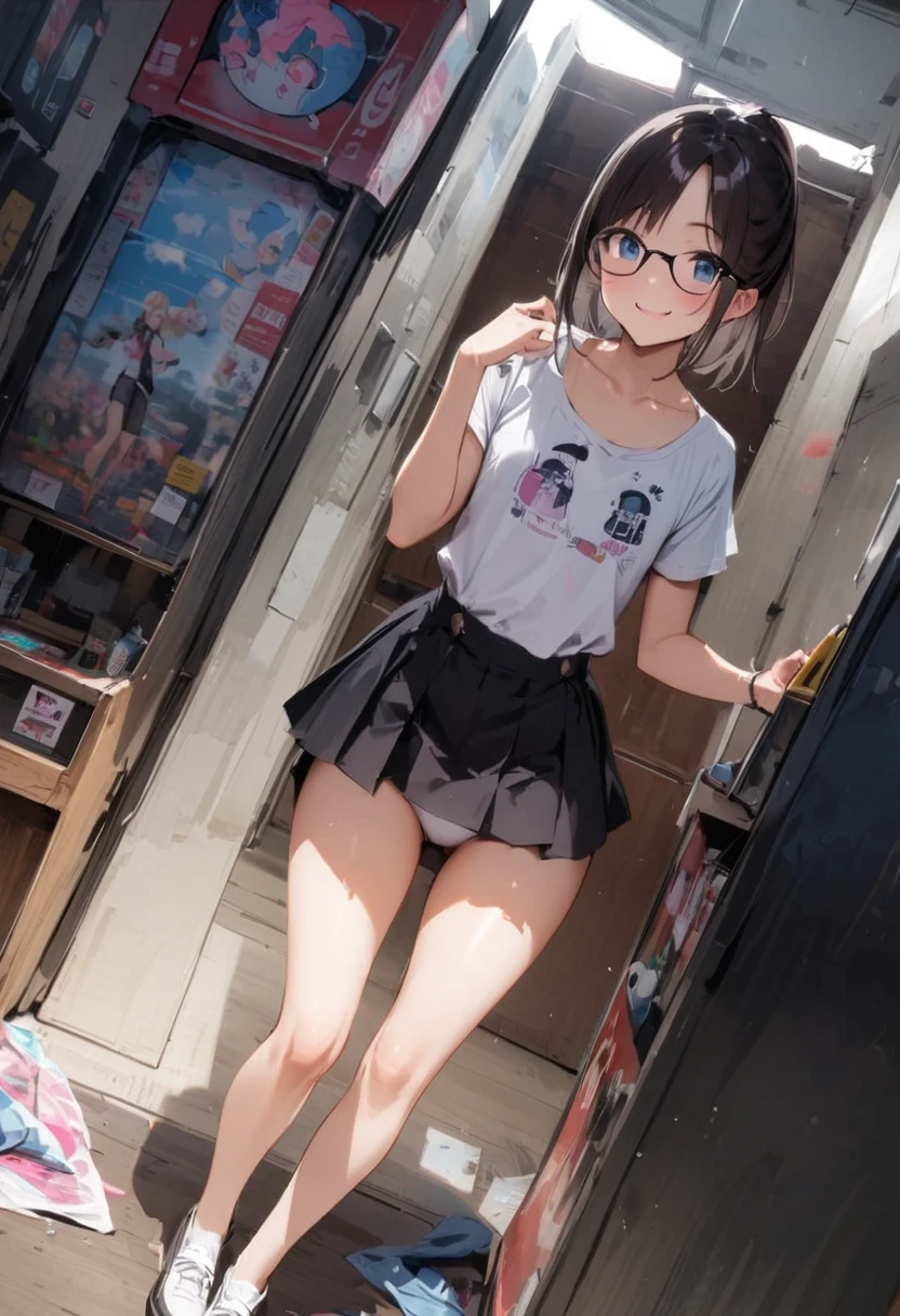 Her miniskirt flutters and her panties are visible、Panty shot、arcade、game machine、Game bench、UFO Catcher、Purikura、Date、Fashionable glasses、forehead、Girl、Girl、Short、Younger、Lower school year、Baby Face、flat chest、smile、Dynamic Angle、masterpiece、best quality、ultra-detail、There are customers around、I'm making a mess、Clothing