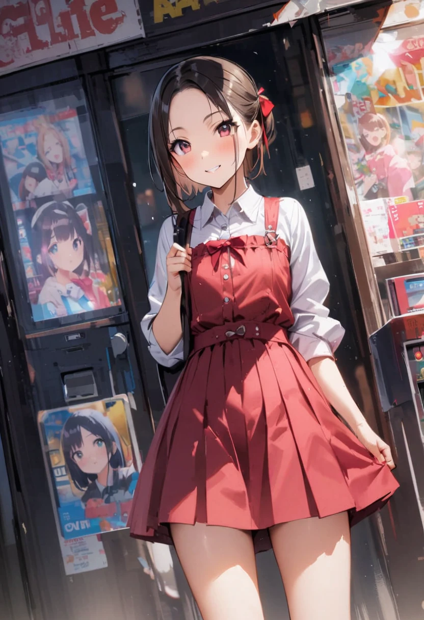 Her miniskirt flutters and her panties are visible、Panty shot、arcade、game machine、Game bench、UFO Catcher、Purikura、Date、Fashionable glasses、forehead、Girl、Girl、Short、Younger、Lower school year、Baby Face、flat chest、smile、Dynamic Angle、masterpiece、best quality、ultra-detail、There are customers around、I'm making a mess、Clothing
