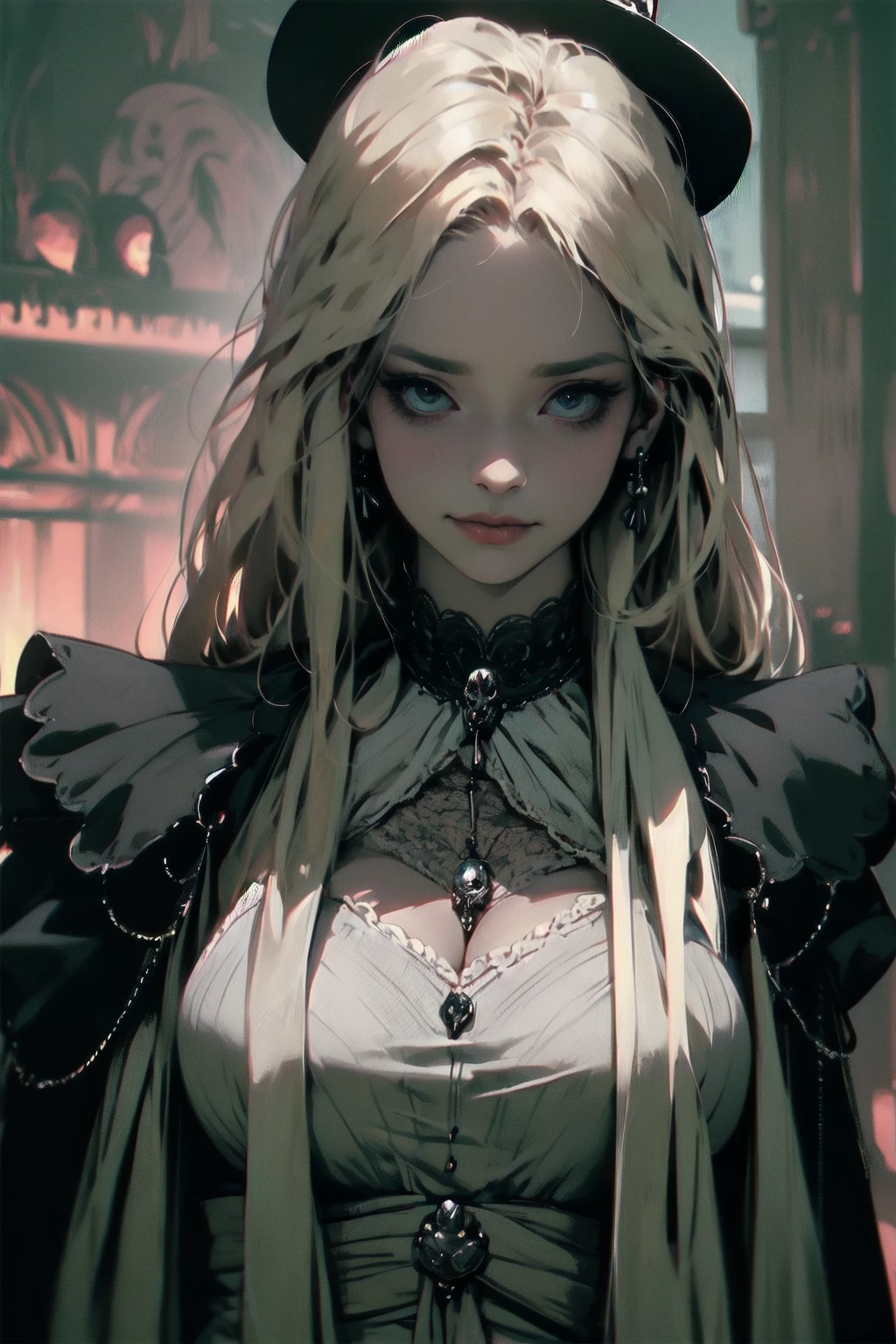{-erro_de_anatomia:1.0} woman 30 years old, victorian era,victorian clothes, (white dress), dark castle, a woman (witch), very long blond hair (blond hair), (gray eyes) . Indifferent look , merciless. among the skulls, dinamic poses, egoist smile, upper body