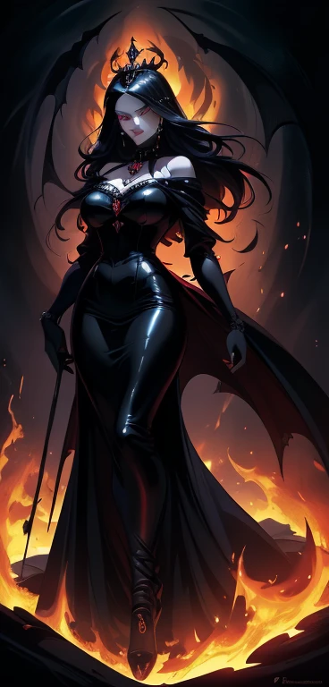 absurdres, ((stunning female Vampire))), goth Renaissance, (long black hair:1.erfect and detailed angular sharp oval shaped face, ((redeyes)), jewelry, red and black tetradic colors, full lips, gothic castle background, (solo), perfect anatomy, approaching perfection, ethereal, intricate details, ultra-high definition, 12k resolution, goth aesthetic, smooth, sharp focus, dreamy, glowing, backlit, glamour, glimmer, fantastical, shadows, smooth, Gothic crown, walking through flames of fire, (whole body) full body , gothic illustration
