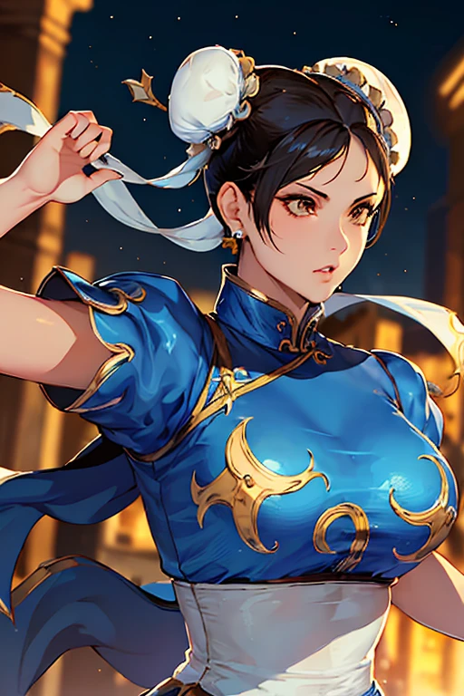 ((masterpiece,Highest quality)),One girl,alone,Chunli,Upper Body,Beautiful night city background