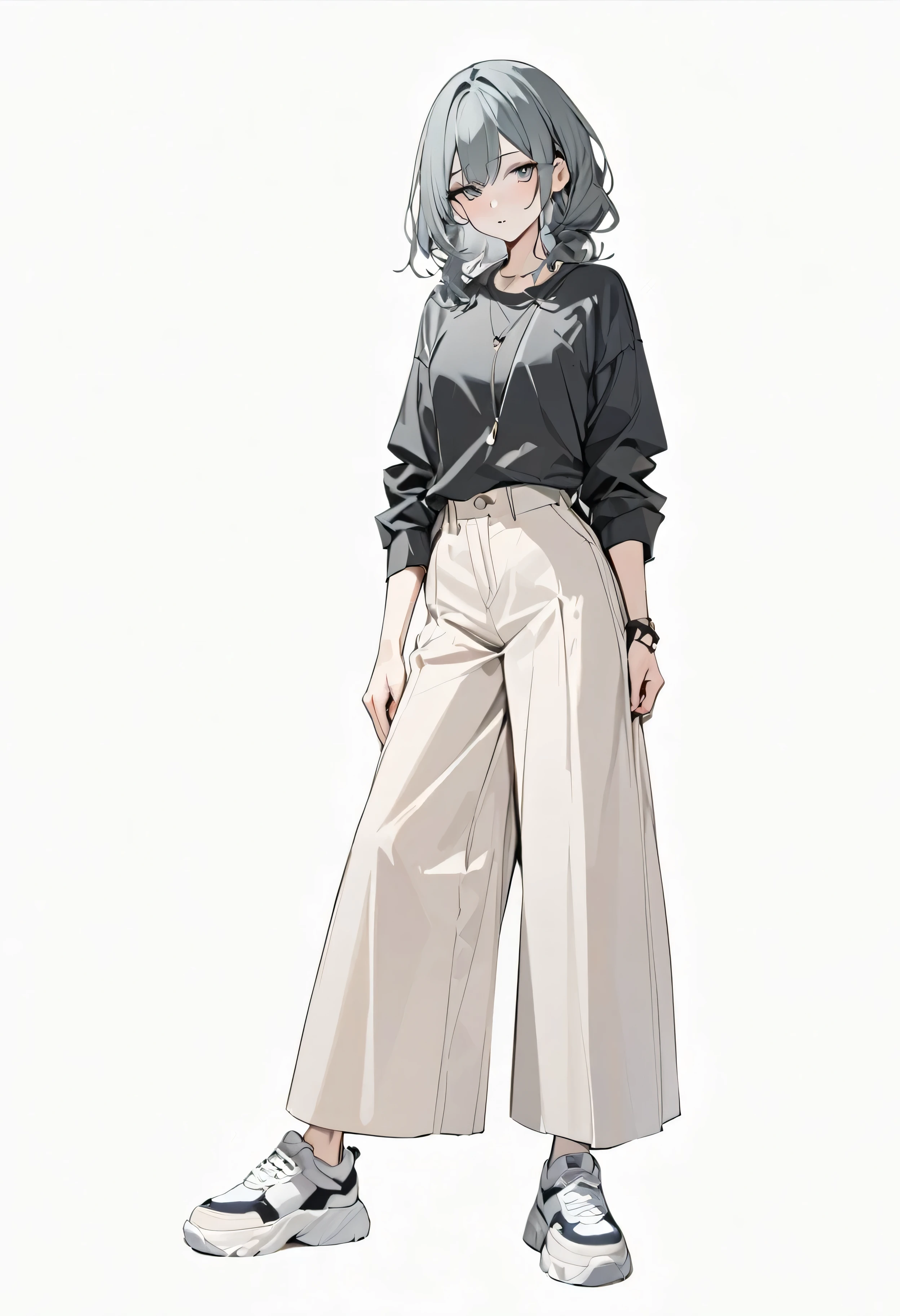 (Masterpiece, highest quality: 1.2, 8K), center, full body, one girl, shirt in neutral color, pants in neutral color, cool casual fashion, simple sneakers, simple background, pure white background #fff fff, eyes open 20 year old adult with delicate eyes