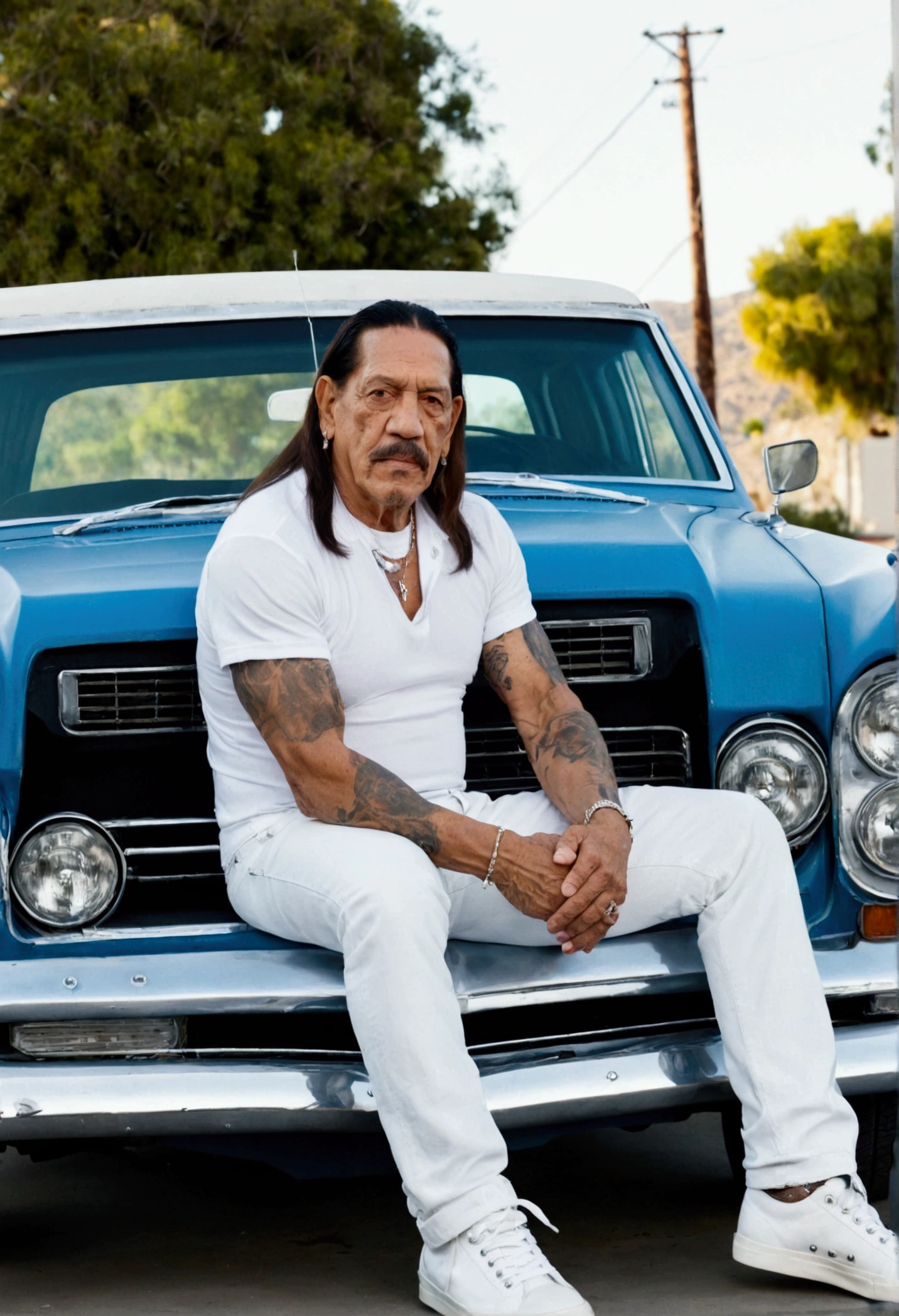 Danny Trejo A man with long hair and a mustache, wearing a white shirt, denim jeans, and white sneakers, is sitting on the hood of a blue car.