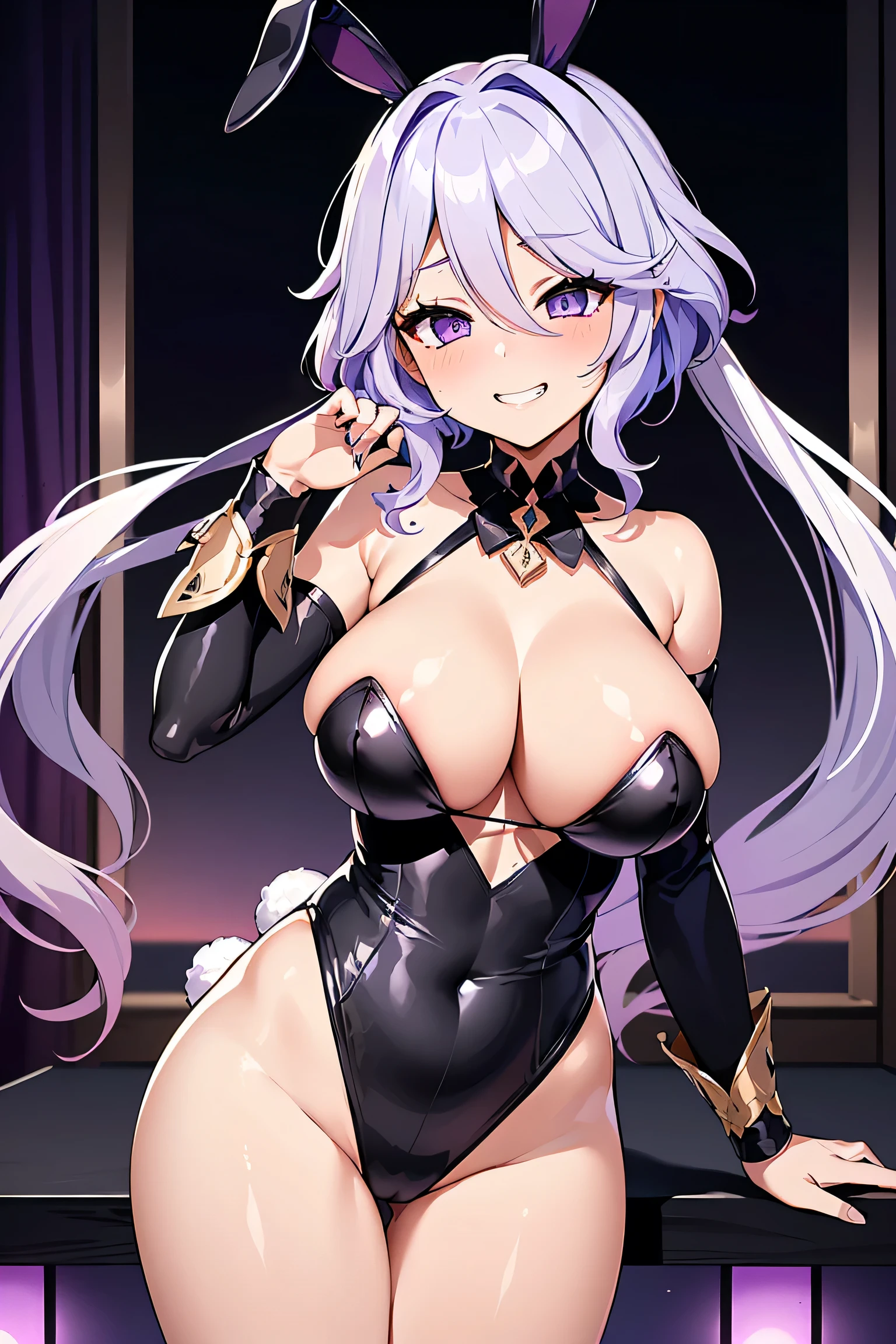 Nasheed_Genshin Impact Long Hair、Rabbit ears朵2.0、（Purple Eyes 3.0）、bangs、Pointed ears、Hair accessories、White hair、Symbolic eyes colorful hair、Side Ponytail、Gradient hair、（Purple Hair3.0）、Hair between the eyes、Interpupillary cross,Awkward,blush,(Perfect hands),(Perfect anatomical structure),(masterpiece),(best quality),((masterpiece、best quality、Very detailed)、((A girl))、((Purple Hair、Very long hair、Cover your eyes))、Pink Eyes、Smile、((There are many piercings))、((Very ?????????????))、Cowboy shooting、Shot from below、12 year old girl、((best quality)), ((masterpiece)), (detailed), (character focus、????????????,whole body), Anime 2D Rendering, Realistic young anime women, Five fingers, Perfect face, Beautiful details, Beautiful Body, Beautiful ???????, Beautiful thighs, (????????????)、Beautiful Feet, (Fair and beautiful skin), baby face、A girl、 (Bunny Girl）、,((Grin))、She turned her face and body toward the audience，Beautiful face and charming smile，eternal，Hair Cover your eyes，（?????????????），???，Shy，Exceed，Thick Legs，Succubus，Fascinating three-dimensional,Fascinating three-dimensional，Fascinating three-dimensional，Magical girl，Black shiny，（（前发Hair Cover your eyes）），night，No backrest，whole body，Purple Hair，Purple Eyes,???? legs，No backrest，Black clothes，Bunny Girl，Rabbit ears