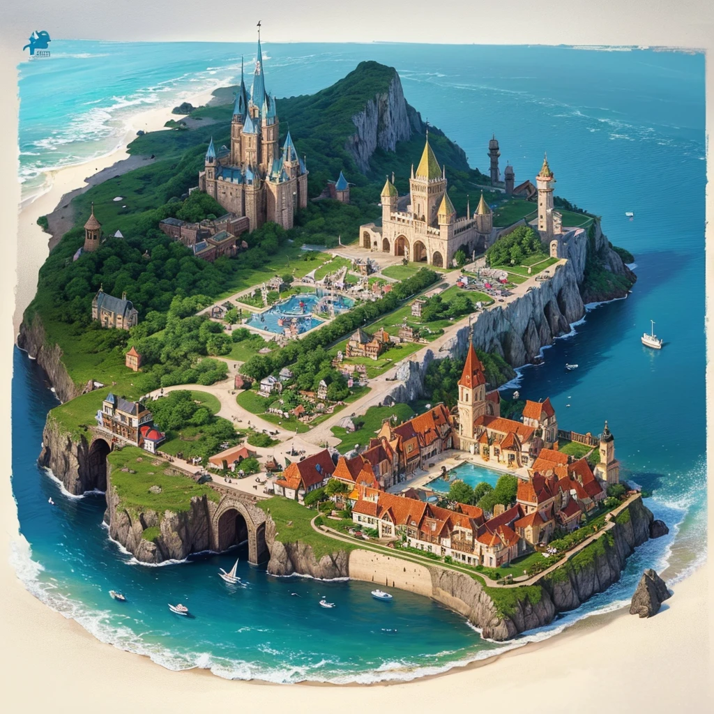 A small magical medieval island city, top-down view, houses, various important locations, wizard's castle, medieval architecture, luminous details, wizard's tower with magical lights, welcoming asylum, vibrant school, robust bank, lively tavern, military training grounds, bustling market, official mayor's building, discreet brothel, port with docks, blue surrounding water, protective walls, vibrant colors, around 40 people living in the city, D&D map, drawn with extreme detail, alone in the ocean, really small island, rpg drawing, fantasy sketch, various buildings, assymetric, round island, very safe and secure. alone in the sea, isolated island, no more islands on sight, 1 island. Small city, simple drawing, sketch, painting, floating island, flying island