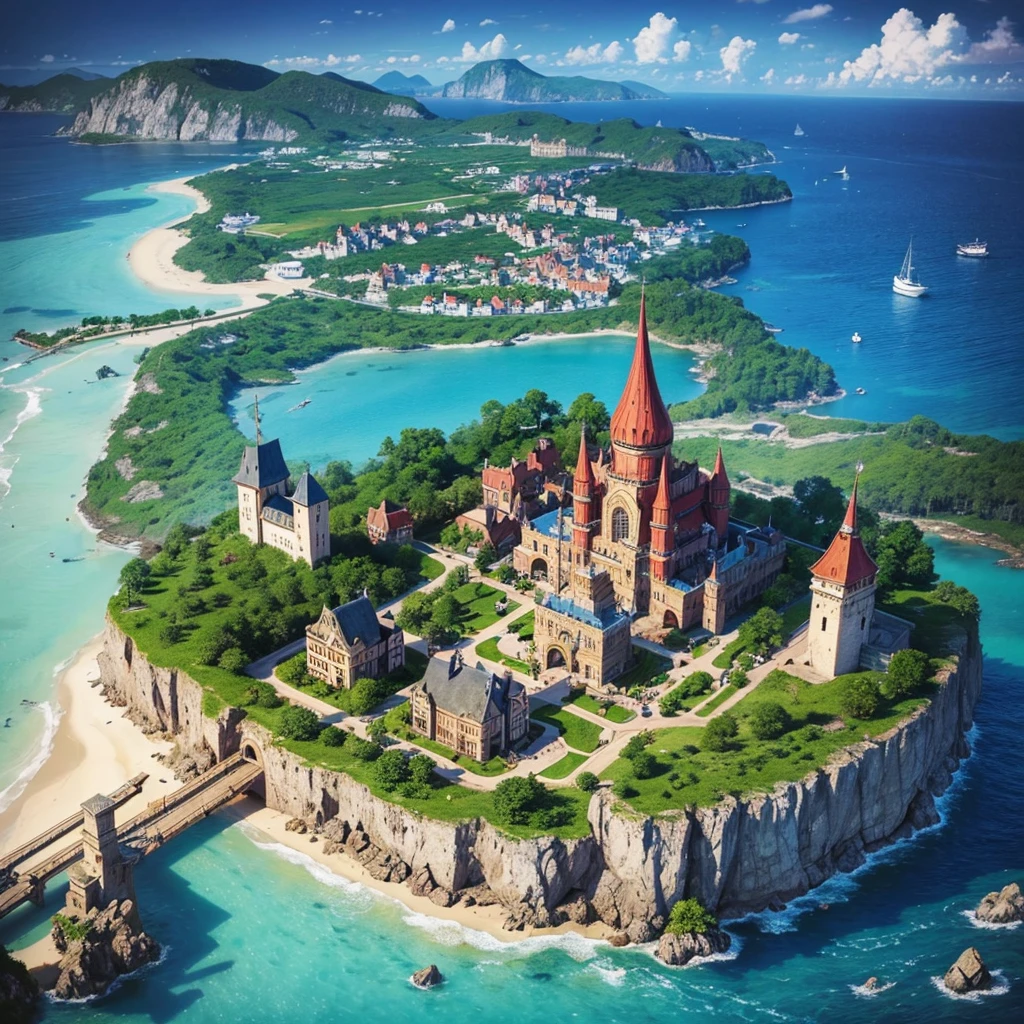 A small magical medieval island city, top-down view, houses, various important locations, wizard's castle, medieval architecture, luminous details, wizard's tower with magical lights, welcoming asylum, vibrant school, robust bank, lively tavern, military training grounds, bustling market, official mayor's building, discreet brothel, port with docks, blue surrounding water, protective walls, vibrant colors, around 40 people living in the city, D&D map, drawn with extreme detail, alone in the ocean, really small island, rpg drawing, fantasy sketch, various buildings, assymetric, round island, very safe and secure. alone in the sea, isolated island, no more islands on sight, 1 island. Small city, simple drawing, sketch, painting, floating island, flying island