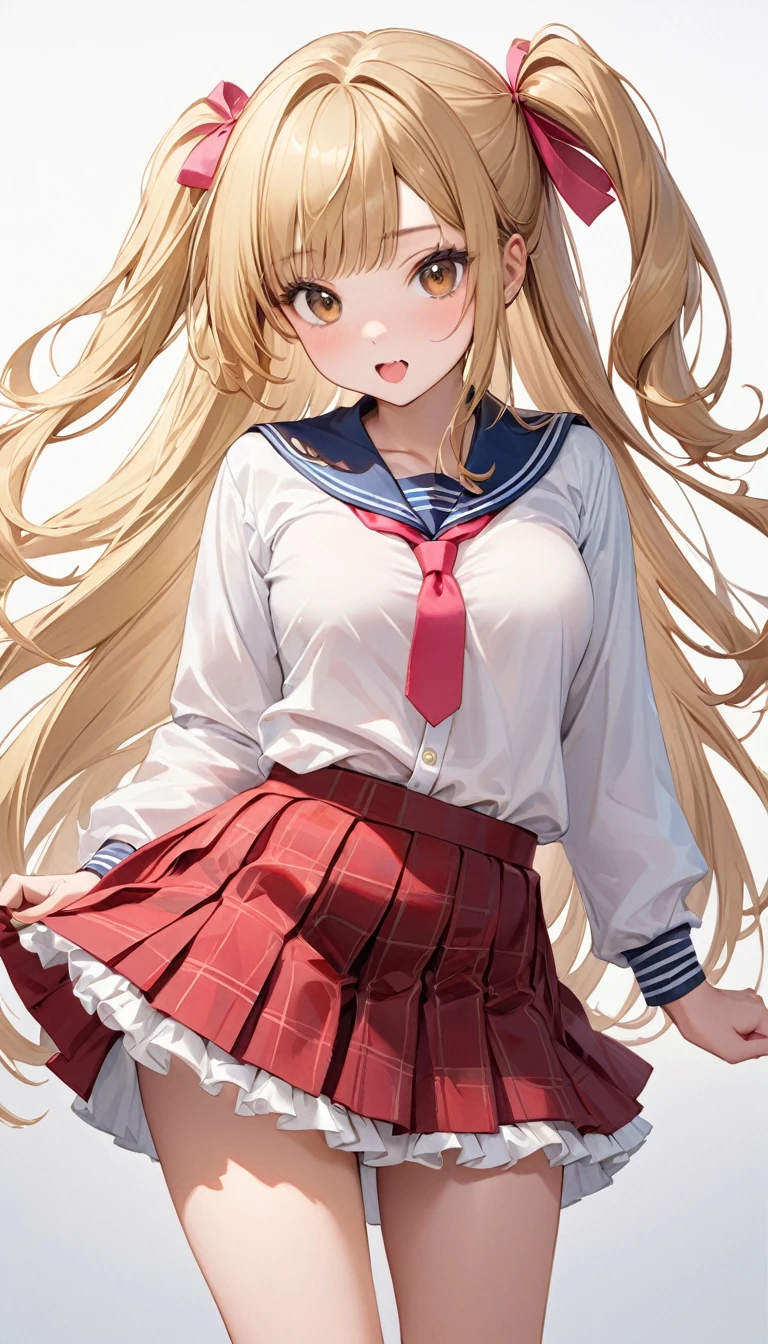 Sailor short shirt with a wide open collar, Full body standing portrait, (Masterpiece, Super realistic, Super details, Super Highest Quality, Super Highest Quality), super cute and beautiful girl, You are male professional photographer, Japanese gal, For dark brown eyes, Blonde yellow hair, Pink ribbon, gal make-up, False eyelashes, Pearl pink lips, Unbuttoned out Hemmed sailor red open collared open front white shirt, (Very thin shirt:1.3), beautiful side face focus, big open mouth, (brown eyes:1.4), big round chest, BREAK, (Half down two side up blonde very long hair style:1.4), (Wider at the hem flabby large in size Super Loose Socks:1.4), An innocent 16-year-old girl, (skin fang:1.2), realistic cute Japanese girl, standing pose, wear white unbuttoned shirt, low-rise pleated plaid micro mini skirt, Japanese cute girls, long hair, blonde hair, two side up, hair ribbon, pink ribbon, frills, opened sailor collar, necktie, white shirt, long sleeves, low rise red sexy skirt, loafer, (Hemmed white frilled sexy outfit:1.3),