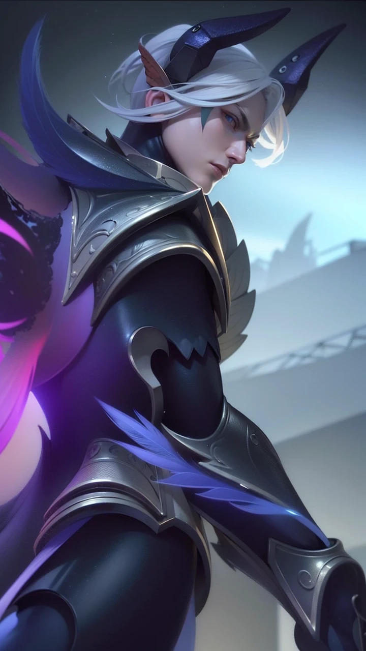 masculine male, masterpiece, ((perfect eyes)) best quality, (semirealism:1.9), beautiful lighting, (extremely detailed CG unity 4k fhd wallpaper), High Detail, Sharp focus, dramatic outdoors, 1 boy ,19 years old, white hair, light purpel eyes, smile.