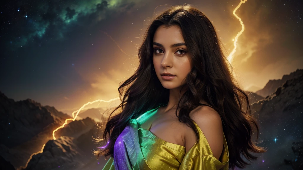 Background: a realm where galaxies collide and celestial clouds swirl. A glow from a thousand cosmic furnaces.
Foreground: a beautiful woman is standing, looking directly at the camera, divine, regal, celestial in appearance. She has long, flowing, dark hair, wide eyes, wearing a long sheer gown cut low in the front and cut up the side to her hip. Add bright, contrasting swirls of yellow, red, purple and green. Add lots of bright, contrasting colors.