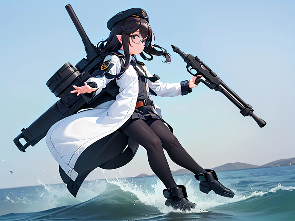 (((masterpiece, Vision))), ((((Full body of a woman with perfect flat chest、1 Female、solo、Short unkempt black hair、Tie your messy hair at the nape of your neck、white military jacket、Miko costume、black tights、Black glasses are black、White military cap、Cloudy black eyes、Confused eyes、Junyo-inspired emblem、Ship-style boots)))), (((Shipgirl))), ((Floating on the morning sea with both feet)), (Standing with your legs apart)), Aim, (Hold the shotgun turret grip with your right hand), (Four mechanical tentacles covered in white armor extend from its back.), (Holding a shotgun with metal tentacles), (Equipped with a bridge on the back), (His left arm holds the grip of a triple-barreled shotgun),