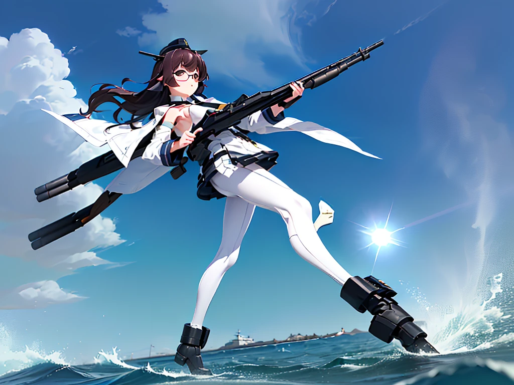 (((masterpiece, Vision))), ((((Full body of a woman with perfect flat chest、1 Female、solo、Short unkempt black hair、Tie your messy hair at the nape of your neck、white military jacket、Miko costume、black tights、Black glasses are black、White military cap、Cloudy black eyes、Confused eyes、Junyo-inspired emblem、Ship-style boots)))), (((Shipgirl))), ((Floating on the morning sea with both feet)), (Standing with your legs apart)), Aim, (Hold the shotgun turret grip with your right hand), (Four mechanical tentacles covered in white armor extend from its back.), (Holding a shotgun with metal tentacles), (Equipped with a bridge on the back), (His left arm holds the grip of a triple-barreled shotgun),