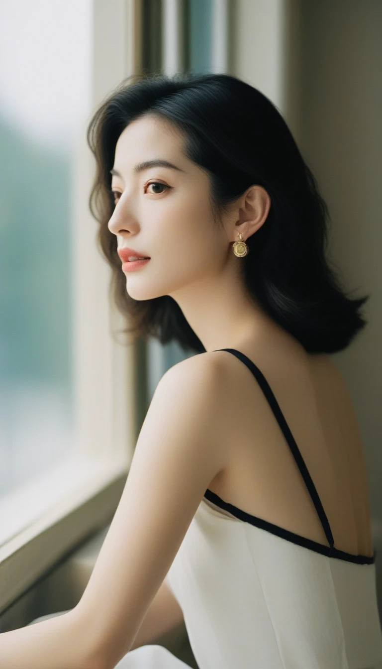 Close-up candid portrait photo of artistic young Korean woman, Retro-future, Movie stills, ((alone)), (Looks like Anne Hathaway: 0.9), Sit by the window, The sun shines on her face, Soft romantic lighting, Summer day, Leica SL3, Summicron SL75f/2. Asf, Kodak Gold 200 Film, Bare shoulders, Dynamic action poses,She wears a camisole so thin and black that her underwear shows through, her underwear is transparent, a graceful woman, a noble atmosphere, a celebrity, beautiful black hair, delicate face, detailed eyes,