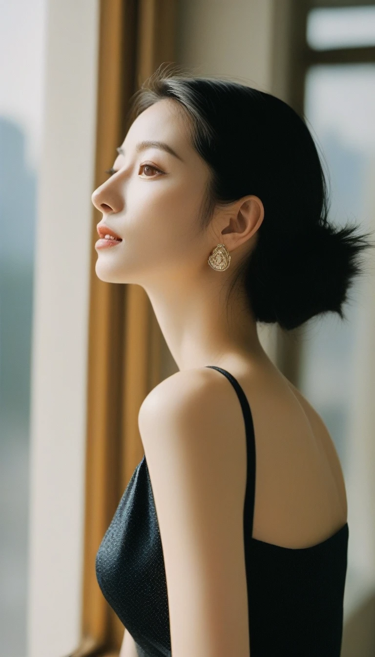 Close-up candid portrait photo of artistic young Korean woman, Retro-future, Movie stills, ((alone)), (Looks like Anne Hathaway: 0.9), Sit by the window, The sun shines on her face, Soft romantic lighting, Summer day, Leica SL3, Summicron SL75f/2. Asf, Kodak Gold 200 Film, Bare shoulders, Dynamic action poses,She wears a camisole so thin and black that her underwear shows through, her underwear is transparent, a graceful woman, a noble atmosphere, a celebrity, beautiful black hair, delicate face, detailed eyes,