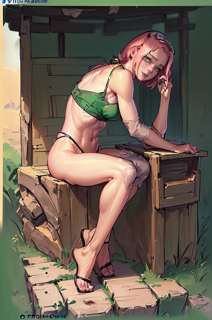 An amazing ((((8K, CRU photo, best qualityer, work of art:1.2), (realisitic, photo-realisitic:1.37), ultra high resolution))) ((whole body)) Photo of (((one chinese woman, (beautiful brown hair, green bra), wearing an ((Qos-Thong, green thong)), 1 girl)), (small waist, breasts small), (brawny), (visible face, visible breasts), (perfect skin), (face perfect:1.2), (gorgeous eyes), (perfects eyes), (beautiful fur), (beautiful face:1.2), (alluring face), sfw:1.3), ((sitting down, plein-air:1.7, seductively pose, Poster)), (gazing at viewer:1.3), (work of art:1.2) (best qualityer) (detailded) (intricate) (8K) (hdr) (wall-paper) (cinematic lighting) (sharp focus)