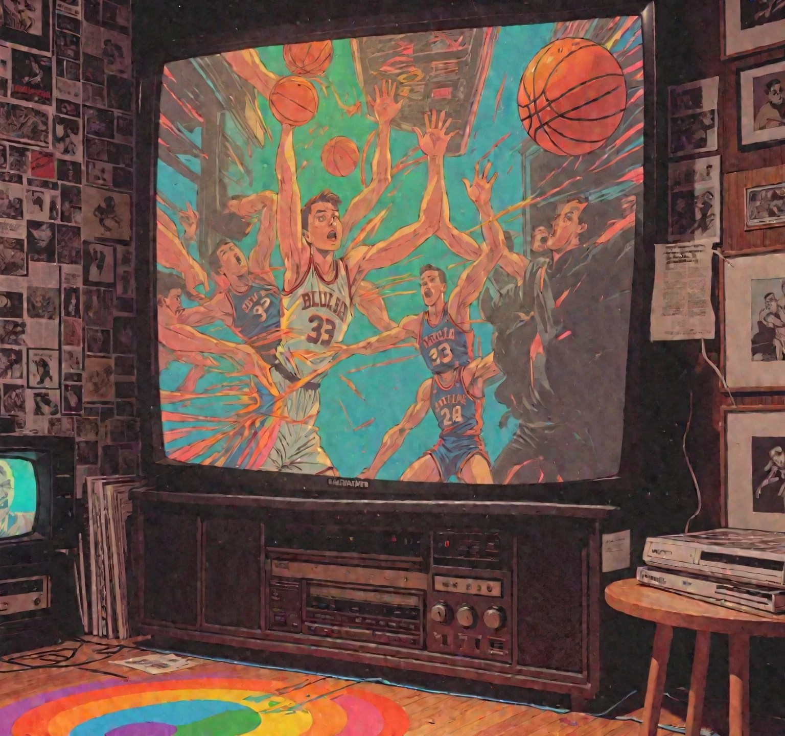 late night basketball, game winning dunk, analog tv glow, 1990s aesthetics, VHS, glitch, distorted, nostalgia, 90's retro vibes, analog tape, vcr aesthetics, tv, television, comic 1990's, animated tv show screengrab,  cinematic poster, image within image, multiple exposure, massive scale, rich color grading for shading depth, hand drawn rotoscope cartoon realism, chiaroscuro lighting, mixed media, vintage comic, retro original design, 1990's comic, sense of movement energy, (full roygbiv color) ink charcoal expressive illustration
