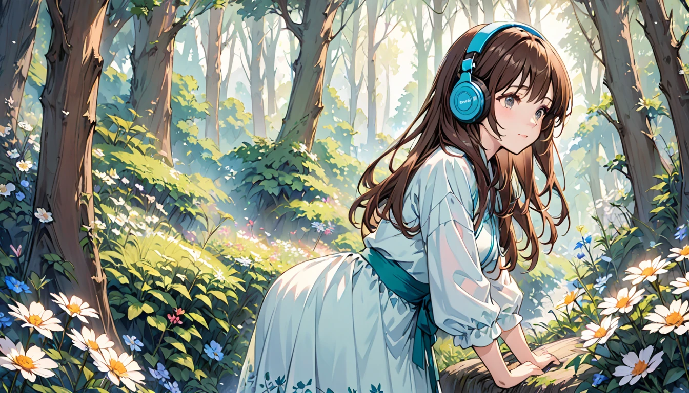 Girl wearing headphones,Brown Hair,1 person,Detailed Background,「Whispers in the forest」,Bending over the flowers