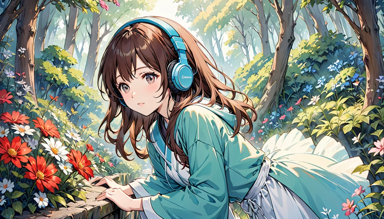 Girl wearing headphones,Brown Hair,1 person,Detailed Background,「Whispers in the forest」,Bending over the flowers