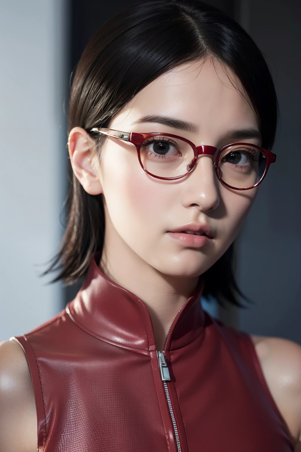 (highres,masterpiece:1.2),ultra-detailed,realistic,professional,beautiful detailed eyes,beautiful detailed lips,dark hair,short black hair,red glasses,Very big breasts,stunning black eyes,clear skin,18-year-old girl,fashionable short hairstyle,vibrant red glasses,Shinobi Academy,fierce determination,confident posture,crimson outfit,intense gaze,background filled with ninjutsu techniques,shadows cleverly accentuating her features,subtle studio lighting,sublime realism,striking color tones