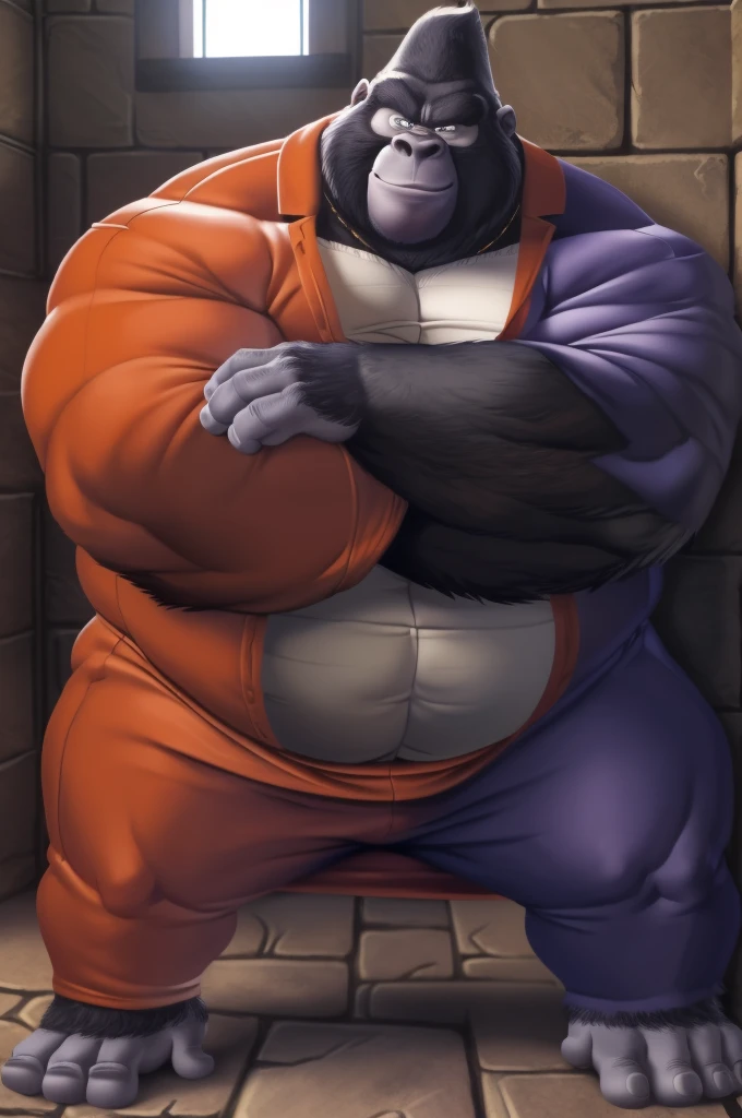 Epic Citizen Zootopia style, My Heroe Academia Character, Dungeons and Dragons Adventure style, A poor villager, Real life, Anime serie, Anime character, Obese muscle Obese Sumo wrestler Werebeast Kid, full body pic (obese, strong legs and arms) Sumo wrestler Werebeast Kid. Obese muscle fat kid (bulky, wide, broad shoulders), Citizen obese Werebeast kid,  big daddy(sing), bara, mature male, gorilla, smile, (pose:1.3), (posing:1.3), (soft shading), 4k, hi res, five fingers, detailed hands, ((detailed face, (detailed eyes:1.0), detailed)), (full body), by zackarry911, by zaush, (by personalami:0.5), prison clothes, prison cell, against wall, crossed arms