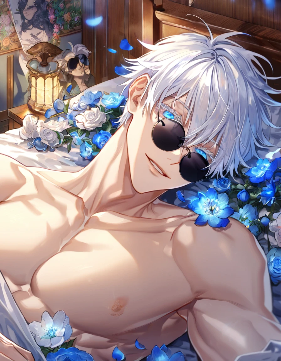 absurdres, highres, ultra detailed, HDR, master piece, Gojou Satoru, white hair with bangs, white eyelashes, expressive blue eyes, hair between the eyes, bare chest, toned chest, Jujutsu Kaisen, sexy man lying on a bed, room, bed, handsome, best quality, flowers, fantasy, magical, solo, blue shining fireflies, blue petals, black round sunglasses, handsome smile, white baggy pants