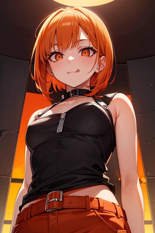 Open your mouth wide,Sticking out tongue,sadistic,Orange Hair Woman,Short Bob,Provocative,Provocative look,Looking down on,Orange leather underwear,Orange belt collar,Highest quality,Anime Style,