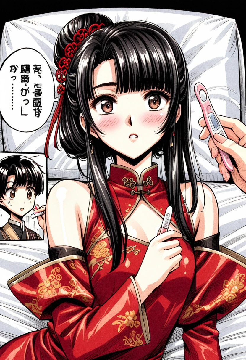 Period drama manga style　A -yeld su beautiful Chinese young lady with black hair in a bun cut wearing a super shiny red long-sleeved Chinese dress　She is given a physical exam and her nipples are examined.